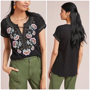 Anthropologie Dandelion Embroidered Floral Tee Top